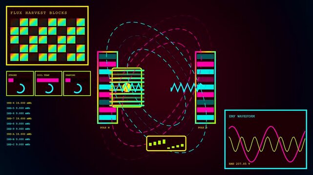 A sequence showing kinetic harvesting occurring as vibrating central magnets interact with stationary coils displayed across multiple neon glowing user interface dashboards on dark screen backgrounds