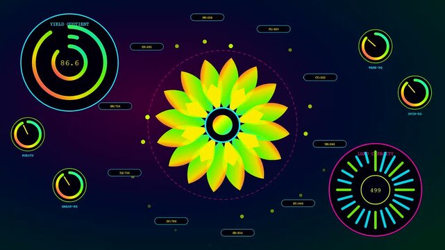 Displaying kinetic harvesting patterns across digital circular gauges showing geometric floral motifs while glowing neon ring indicators track quantitative data values on a dark gradient interface
