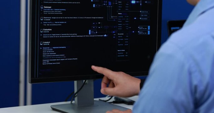 Close view of a professional working at a desktop computer with a dark software interface, code and system diagrams on the monitor in a modern office.