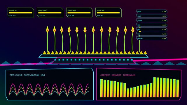 A sequence showing kinetic harvesting data visualization with glowing green plant icons and neon charts on a dark interface panel during a continuous digital monitoring session