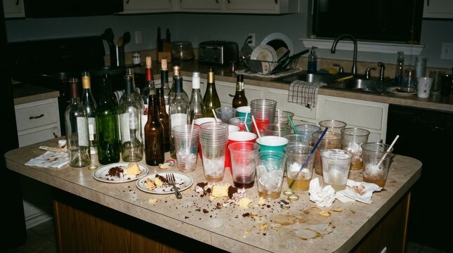 A messy kitchen counter is full of dirty empty cups and wine bottles after a party.