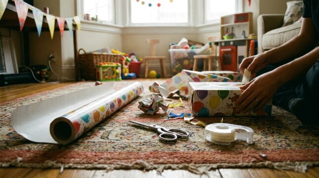 A person sits on the floor and wraps a gift box with paper