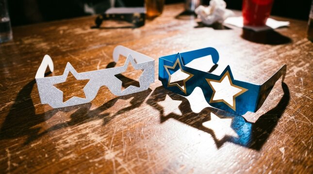Two funny star shaped party glasses sit on a wooden table at a bar.
