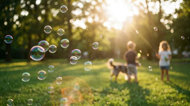 Happy children play with soap bubbles in the park during sunny day.