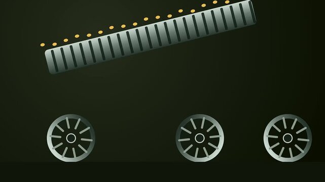 a kinetic harvesting process depicted by metal objects moving rhythmically above spinning circular wheels in a darkened space showing motion and mechanical engineering design elements