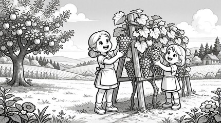Obraz premium Cheerful young girl harvests ripe grapes from vine in sunny orchard. Little child picks fresh fruit into basket near apple tree. Happy kid enjoys organic farming, autumn harvest in rural garden. Cute