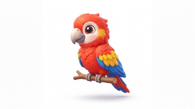 Cute cartoon parrot perched on a wooden branch against white background
