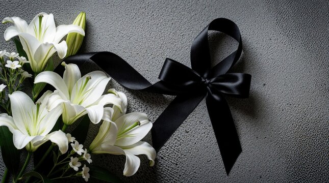 White lily flowers with black silk ribbon on grey concrete background. Elegant floral arrangement for funeral memorial service. Symbolic bouquet for mourning, loss, remembrance, sympathy. Minimalist
