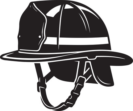 Black and white vector illustration of a traditional firefighter helmet with strap and neck shield
