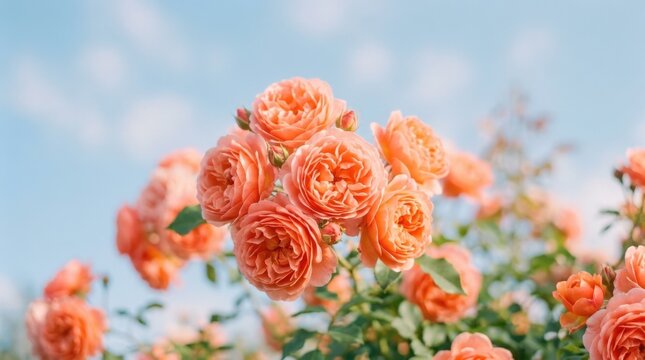 Cluster of warm coral flowers glowing against a powder-blue backdrop, intentionally soft-focus botanical photography, dreamy shallow depth of field, orange-pink petals and romantic pastel advertising