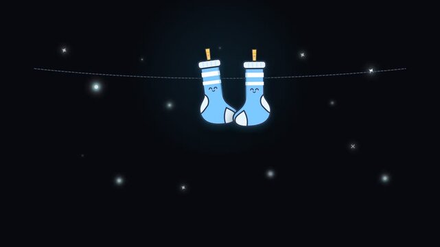 Cute animated blue socks with faces hanging on a clothesline in night sky
