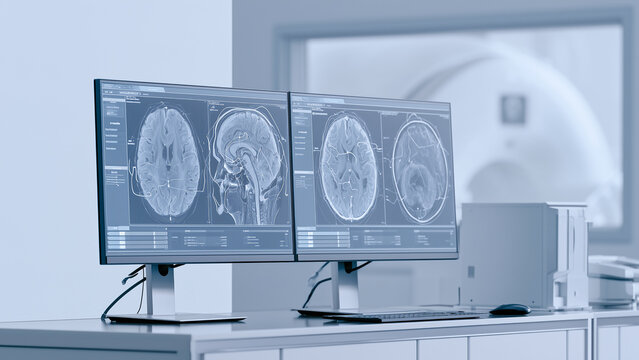 Multiple brain scan views on diagnostic monitors in a medical room