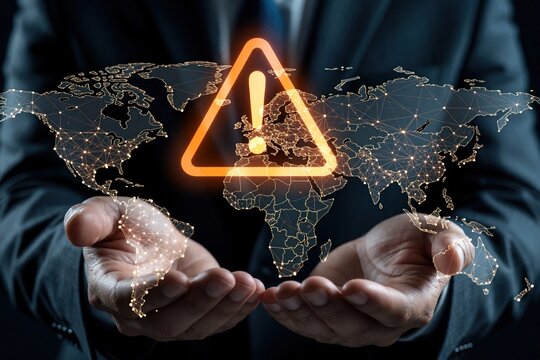 Businessman holds glowing digital world map with warning triangle icon. Global geopolitical risk, international conflict concept. Finance expert analyzes trade war impact, world instability using