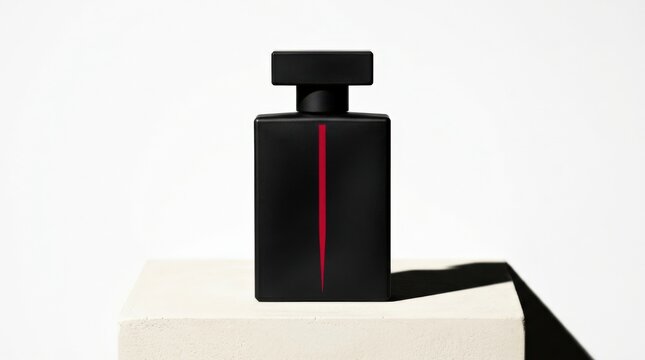 Matte black rectangular fragrance bottle with a single vertical crimson graphic accent, luxury perfume photography on white, hard side shadow, stark black, red and ivory palette, clean geometric