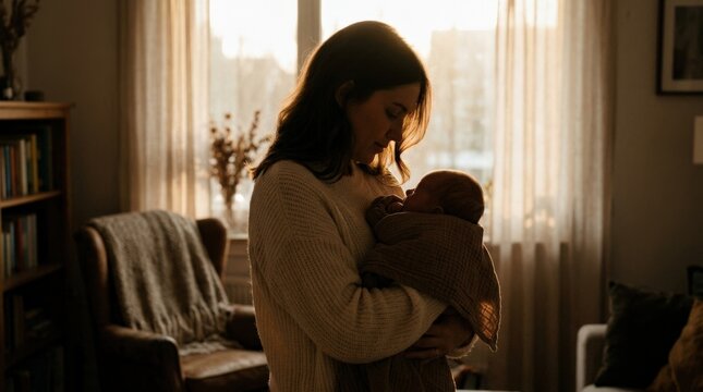 Mother holding a baby close in a softly backlit living room, cinematic family photography, amber sunlight, muted brown and cream palette, silhouette-like profile, warm haze and intimate parent-child