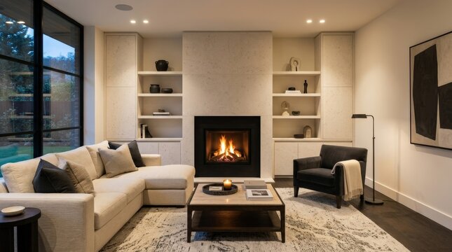 Contemporary living room with built-in fireplace set into pale stone cabinetry, dark firebox glowing orange, minimal shelves and soft neutral seating, interior architecture photography, cream and