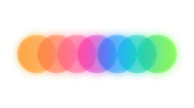 Seven overlapping rainbow-colored circles aligned horizontally on a bright white field, minimalist graphic illustration, warm orange-to-pink-to-blue-to-green sequence, softly diffused edges, balanced