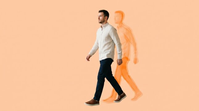 Male figure in a pale shirt standing against peach while a saturated orange duplicate silhouette trails behind, double-exposure fashion portrait, high-key studio lighting, minimalist composition and