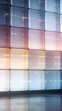 Vertical video: Lights appearing animating panel grid on set, center warm glow rising bokeh moving
