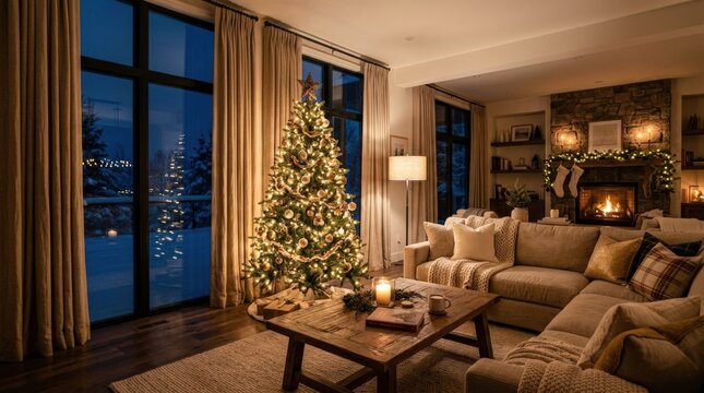 Cozy living room at night with a softly glowing Christmas tree beside large windows, warm beige curtains and neutral seating, premium interior photography, amber ambient light, dark blue exterior,