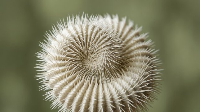 Curled biomorphic form covered in dense white spikes against a muted olive-green background, macro close-up emphasizing soft ribbed geometry and tactile texture, minimal surreal composition, diffused