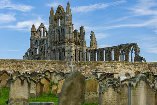 Close viewpoint over weathered churchyard headstones leading toward medieval monastery ruins behind stone boundary wall, Whitby, Yorkshire