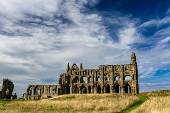 Whitby Abbey ruins standing on headland above coastal grass, stone arches and rose window frame against scattered cloud, North Yorkshire, England