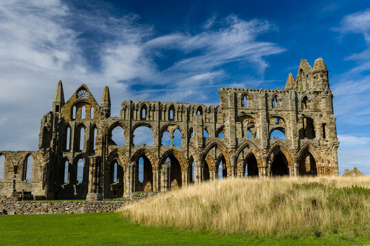 Whitby Abbey medieval monastery ruins standing on coastal headland, stone arches above grass bank, North Yorkshire