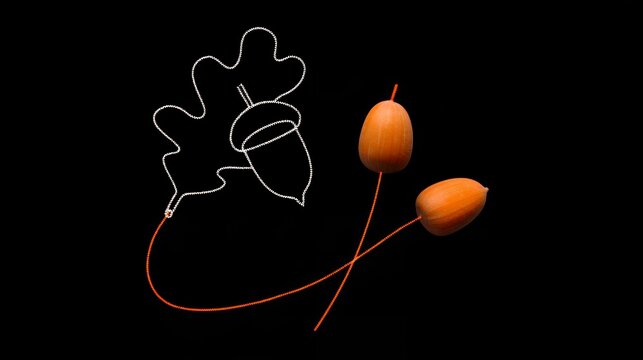 Glowing wireframe acorn and oak leaf with warm neon light effect on black background for autumn celebration overlay and invitation
