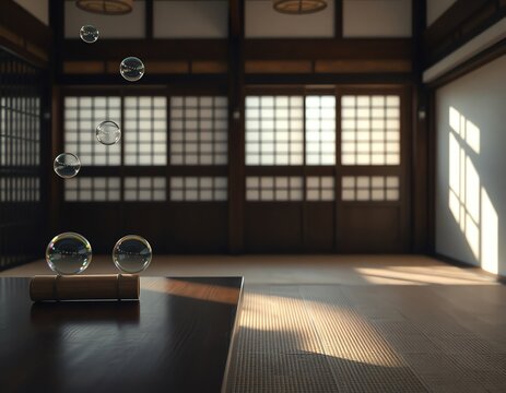 和室の光に漂う虹色シャボン玉と静寂の余白