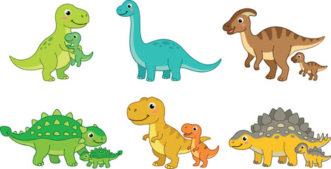 Cute Cartoon Dinosaur Family Vector Character Set with Parents and Babies for Kids Nursery Designs, Greeting Cards, and Children Preschool Prints © Monisa