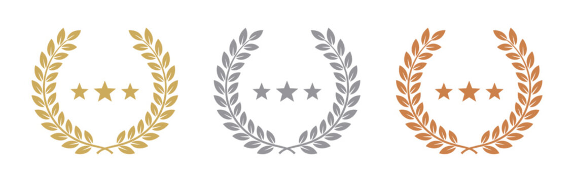 Three laurel wreath emblems in gold, silver, and bronze with three stars centered inside each circular icon set