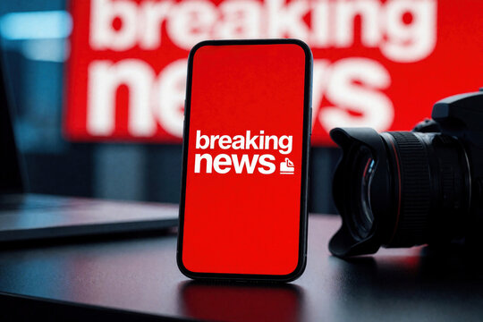 Smartphone displays breaking news alert on red screen. Digital mobile phone sits on desk next to pro DSLR camera. Media equipment for journalist reporting urgent information online. Concept of fast