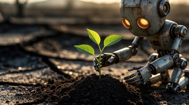 Small rusty robot plants green seedling in cracked dry soil. Futuristic cyborg nurtures last tree in barren wasteland. Artificial intelligence helps nature recover from global warming. Machine worker
