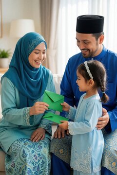 Muslim family celebrate Eid al-Fitr at home. Happy parents give green money envelopes to young daughter. Little girl in blue baju kurung receives festive cash gifts from mother, father during Ramadan