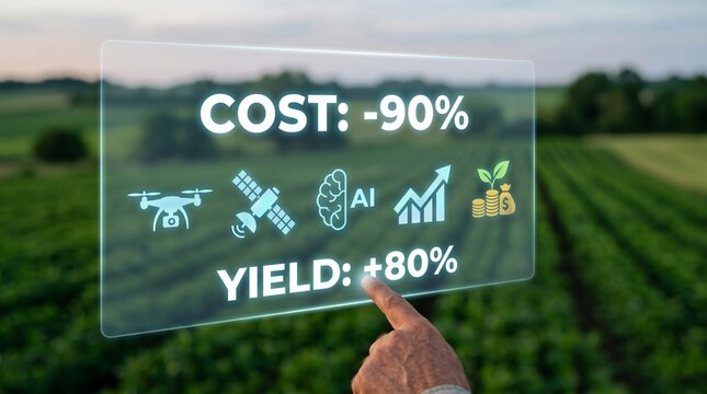 Smart Farming Dashboard Showing AI Analytics Cost Reductions and Increasing Crop Yield in Field