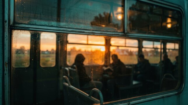 Blurred view through a teal-tinted train or bus window with warm orange sunset and dark passenger silhouettes beyond, cinematic travel photography, intentional soft focus, reflective glass, turquoise