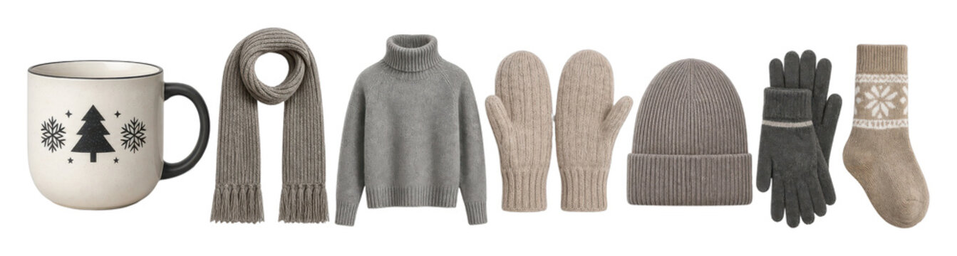 Winter knitwear and mug flat lay PNG on transparent background, no people