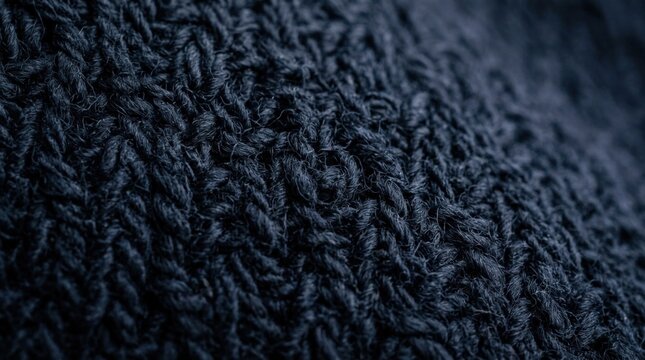 Extreme close-up of dark navy woven fabric, dense looped fibers and subtle directional texture, macro textile photography, monochromatic deep blue palette, soft grazing light and tactile material