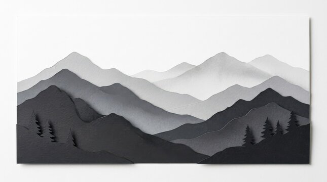 Layered mountain silhouettes in charcoal and gray against a white background, minimalist landscape graphic, paper-cut appearance, soft atmospheric gradients, elegant monochrome palette, modern
