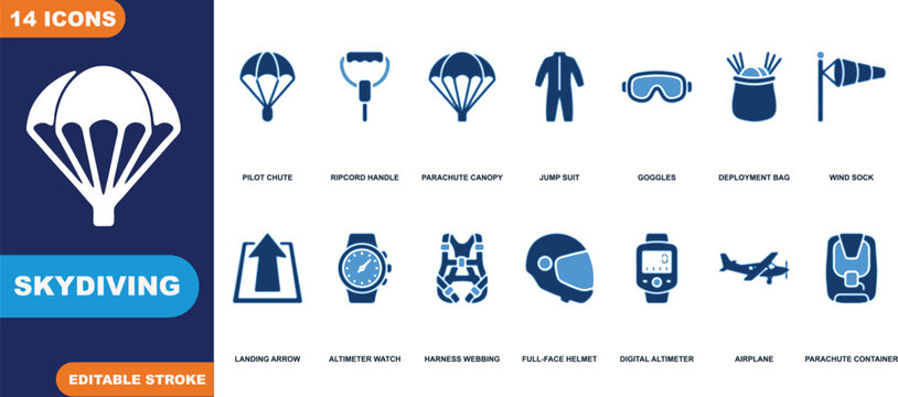 Professional vector set of 14 skydiving icons including pilot chute ripcord handle parachute canopy and jump suit