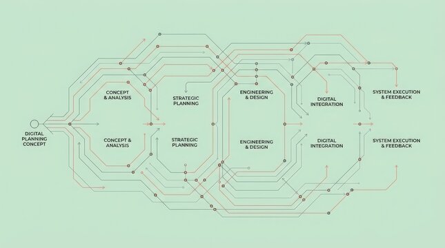 Minimal technical line diagram crossing a mint background, thin coral and gray vectors with tiny nodes, clean infographic-style illustration, engineering, planning and digital systems concept.