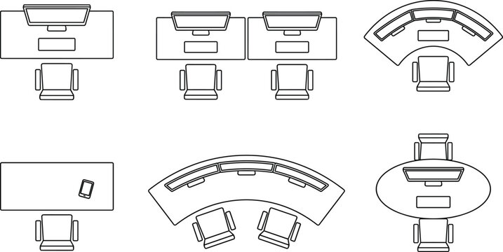 Office Desk and Workplace Furniture Layout Top View Line Icon Set for Interior Design Floor Plan Architecture Blueprint Schematic Configurations