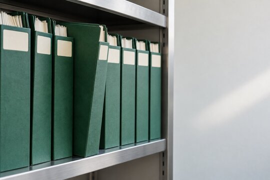 Green document folders with blank labels on metal office shelf