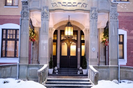 Snowy Ornate Building Entrance