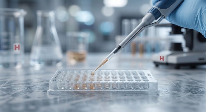 Laboratory micropipette dispensing liquid sample into microplate for HIV testing