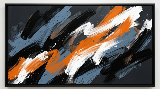 Bold abstract brushstrokes in black, white, orange and muted blue sweeping diagonally across a dark surface, contemporary digital painting, energetic gestural texture, high contrast, luxury editorial