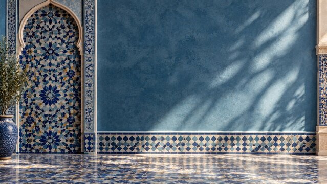 Blue Moroccan interior with zellige mosaic arch and empty wall for copy space
