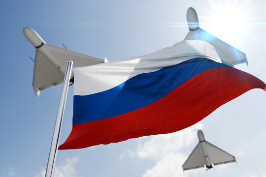 Military drones flying in the sky over the waving Russian national flag, representing military power, defense technology, warfare, air force, and geopolitical security.