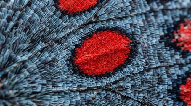 Extreme macro of butterfly wing scales with vivid red oval markings on cool blue-gray fibers, scientific nature photography, intricate texture, saturated accent colors, abstract biological pattern and